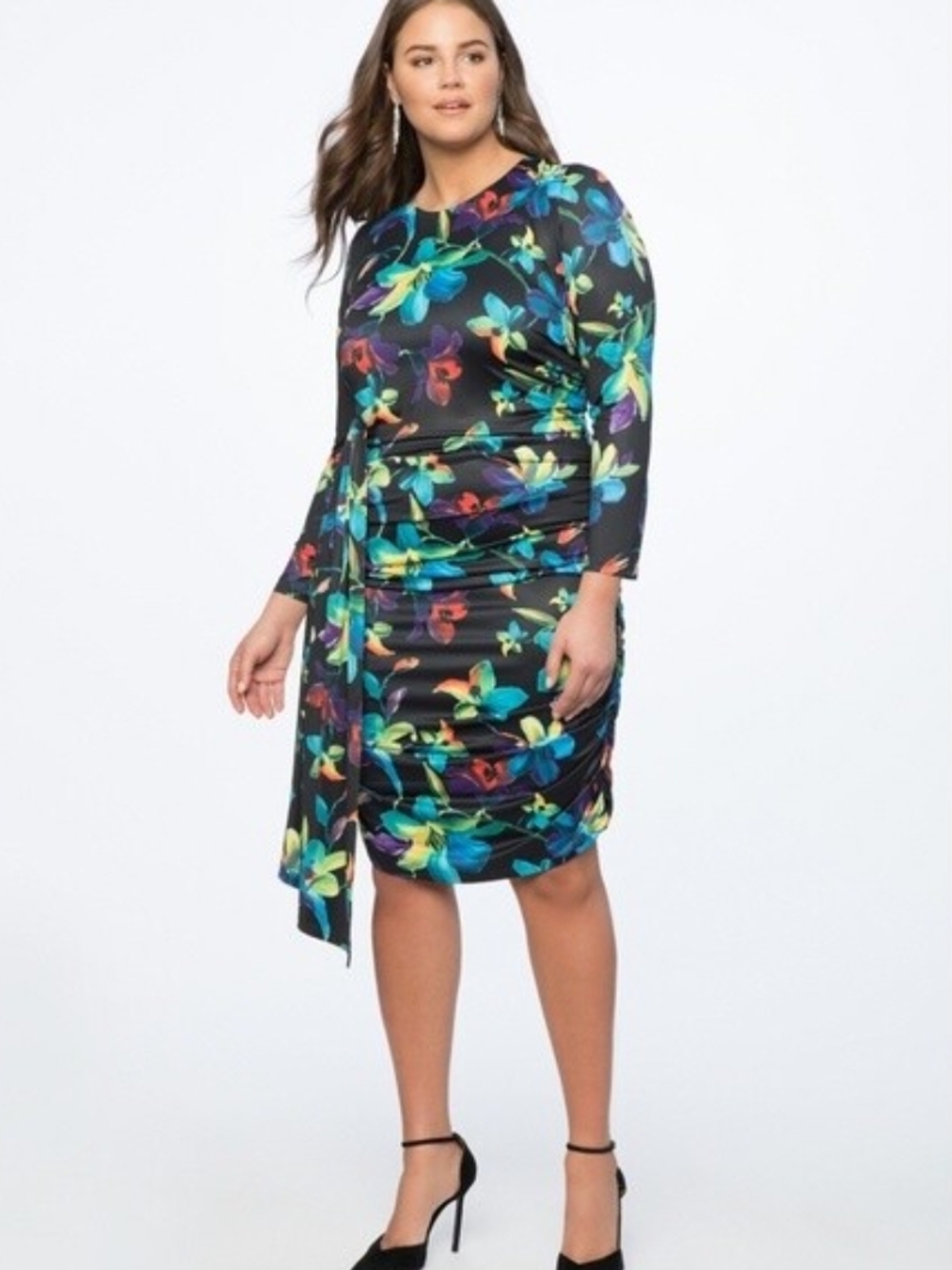 Eloquii Black Floral Tie-Detail Long-Sleeve Sheath Dress